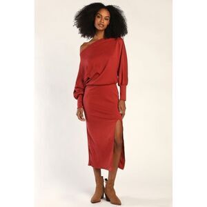 Lulus City Street Chic Rust Red Off-the-shoulder Midi Dress - Size XL